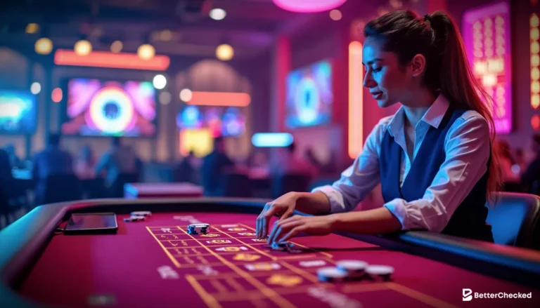 高端赌场百家乐牌桌，荷官发牌瞬间，闪烁筹码与纸牌特写。